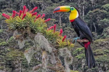 Fototapeta premium Keel-billed Toucan Perched on a Mossy Branch with Red Flowers