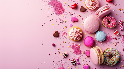Delicious macarons and donuts on a pink background for Valentine's Day, chocolate and pastel colors, sweet treat concept.