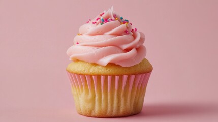 Delicious Pink Frosted Cupcake with Colorful Sprinkles on Top