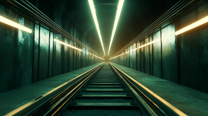 Underground train tunnel with illuminated tracks stretching into the distance at night