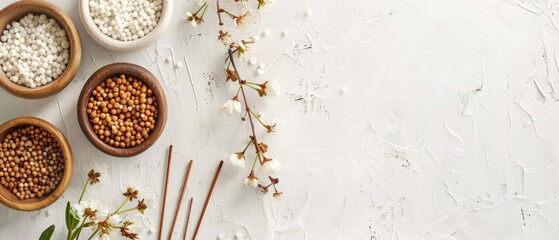 Minimalist flat lay composition of various white grains, chopsticks, and wooden spoon on a light background. Flat lay photography for food, design, and print. Top view of table setting. AIG55.