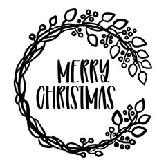 Merry Christmas. Clean and minimalist Christmas wreath with a black silhouette, wrapped around a joyful quote. Perfect for holiday art.