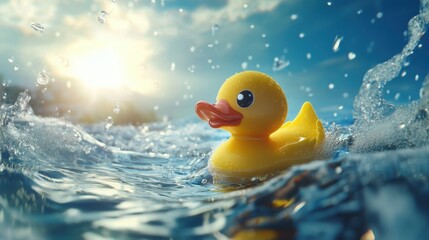 Vibrant Rubber Duck Floating in Water with Splashing Waves