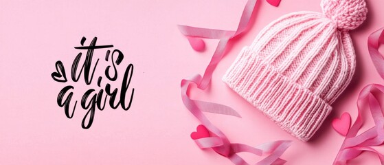 Its a Girl Pink Knit Baby Hat and Hearts on Pink Background
