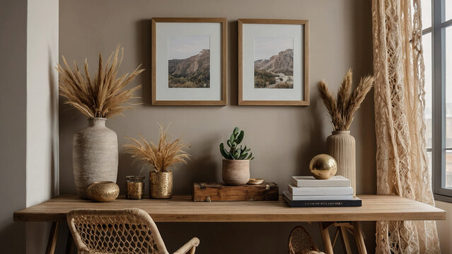 Mockup picture frames, a wooden desk, beige macrame, and exquisite accessories adorn this chic and contemporary bohemian living room. Create a home accent. The idea of bohemia. Ready-to-use model