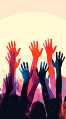 Crowd of raised hands celebrating at a vibrant festival during sunset
