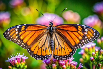 Vibrant monarch butterfly with wings open, perched on purple flowers in a garden.