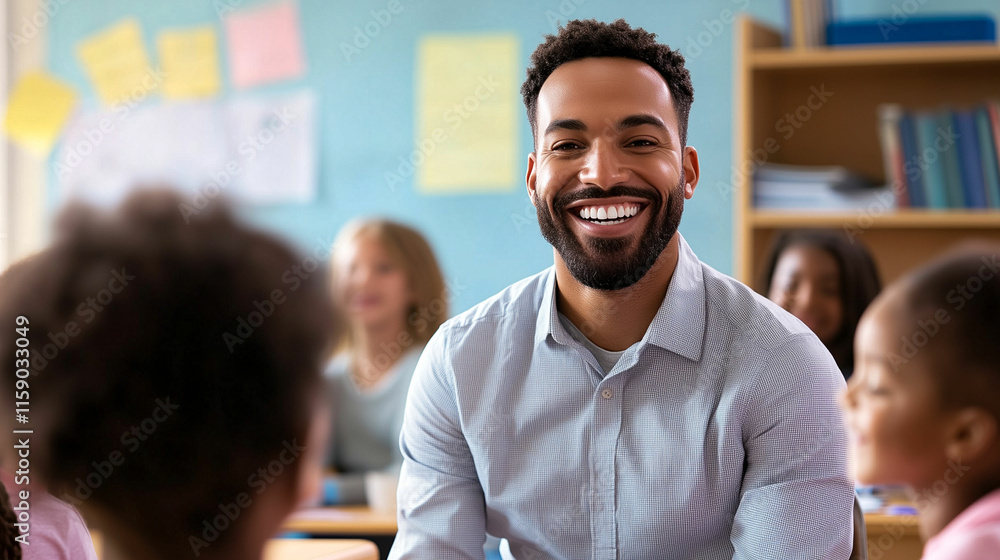 Poster smiling teacher engages with students in a vibrant classroom during an interactive lesson