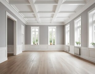 Fototapeta premium Spacious Room with Gray Walls White Trim and Wood Floor