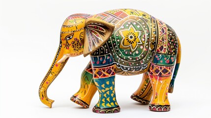 A colorful wooden elephant statue with hand-painted patterns, isolated on a plain white background.