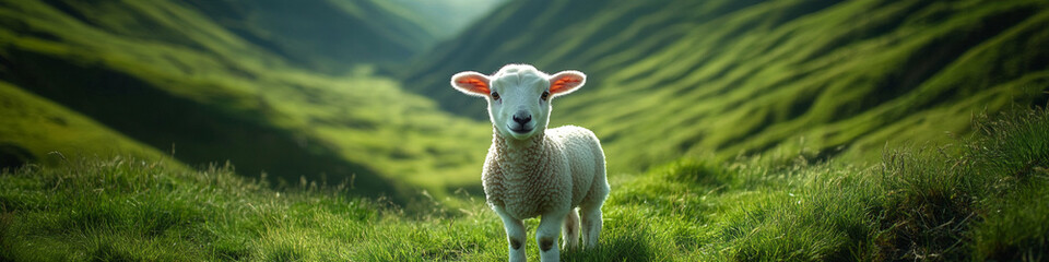 Fototapeta premium White lamb gazing across a lush green valley