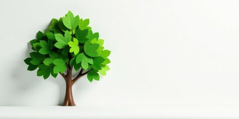 Fototapeta premium A vibrant miniature tree with lush green leaves stands against a clean white backdrop, symbolizing growth, environmental awareness, and the beauty of nature's simple elegance.