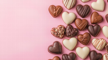 Fototapeta premium Valentine's chocolate & rose love heart. Assorted heart-shaped chocolates on a pink background.