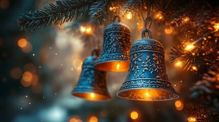 Glowing Christmas Bells Hanging on a Frosted Pine Tree