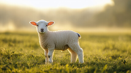 Fototapeta premium White lamb in misty green field, dreamy morning light