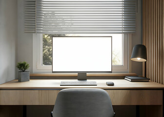 Minimalist home office with light wood desk and desktop computer