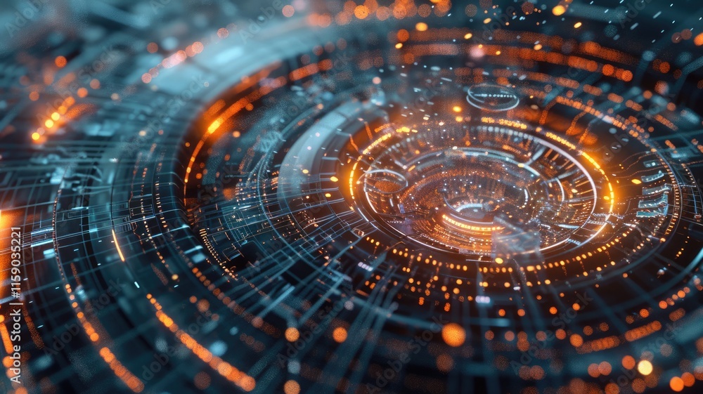 Poster explore an abstract futuristic diagram featuring intricate circular patterns and vibrant colors, ide