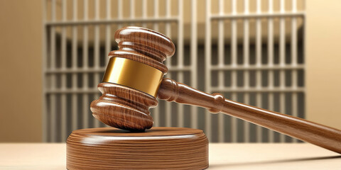 Concept of verdict of prosecution for life sentence. Judge wooden gavel hits the round block. Empty prison cell in background. Justice, judgment, punishment, guilt. 