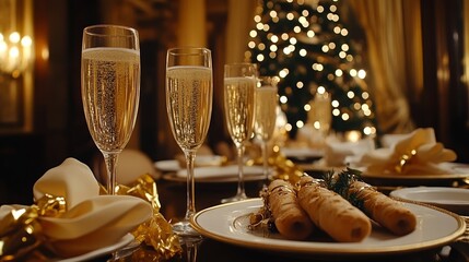 Elegant holiday dinner with champagne and festive decorations