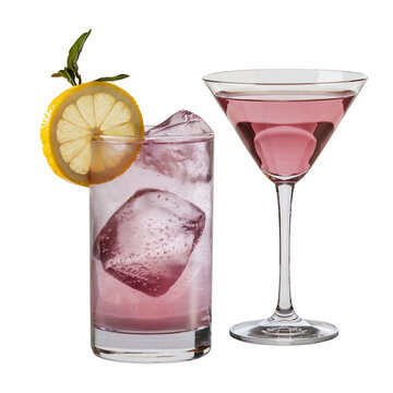 Mauve cocktail illustration with ice and lemon isolated on transparent background or purple cold drinks