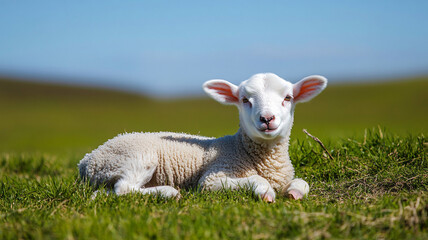 Fototapeta premium White lamb resting in lush green field under clear sky