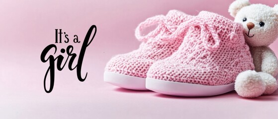 Adorable Pink Knit Baby Booties with Teddy Bear  Its a Girl Announcement