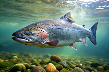 Naklejka premium Underwater shot of a large trout swimming over a rocky riverbed.