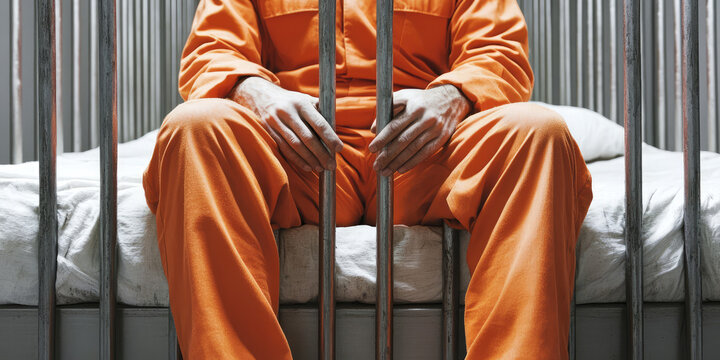 Criminal man in orange uniform sit on prison bed behind prison cell bars. Prisoner, inmate in detention center or correctional facility