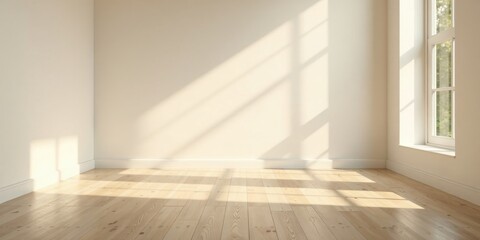 Fototapeta premium Sunlight Illuminates Empty Room with Hardwood Floor and Single Window Featuring Light Beige Walls