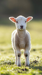 Fototapeta premium White lamb standing in a dew-covered green pasture