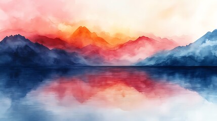 Fototapeta premium Serene Watercolor Mountainscape Reflecting In Calm Water