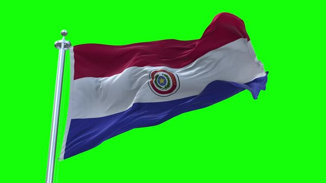 National Flag of Paraguay Animation - Paraguay Flag Waving in Loop and Textured 3d Rendered on a green screen background, Loopable