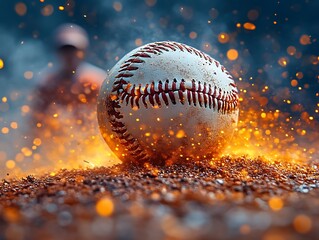 Fiery baseball on dirt, blurred player.