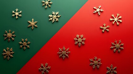 Festive Christmas and New Year banner with golden snowflakes scattered across a gradient red and green background