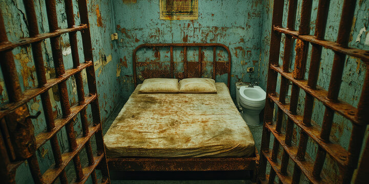 Old rusted prison bars showing empty prison cell interior locked with bed and toilet.