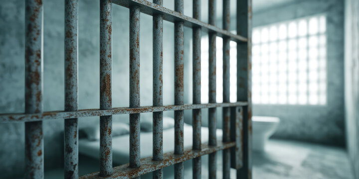 Old rusted prison bars showing empty prison cell interior locked with bed and toilet. 