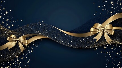 Glamorous Christmas and New Year banner with glittering diamond patterns and luxurious gold ribbons over a dark navy blue background