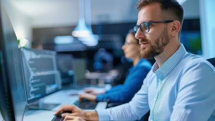 A focused professional working at a computer in a modern office environment, collaborating with a colleague in the background.