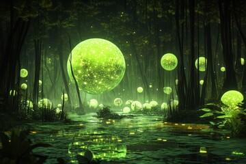 Obraz premium Enchanting Green Forest With Glowing Orbs