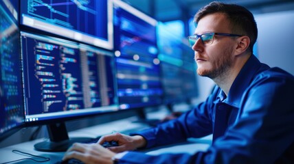 A focused professional analyzes data on multiple screens, showcasing modern technology and programming skills in a high-tech environment.
