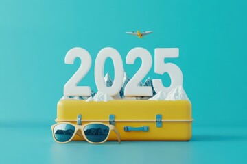 The word "2025" is made of a yellow suitcase, a white mountain, and sunglasses on a blue background, in a cartoon style, with a simple design, a flat illustration, a vector file, graphic art