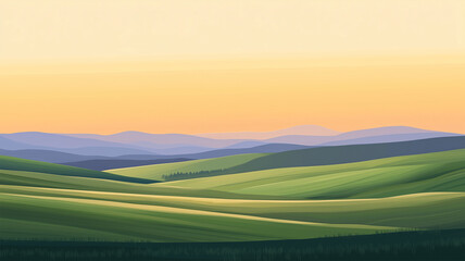 Obraz premium 夕焼けの放牧地と丘が描く静かなロマンティックシーン