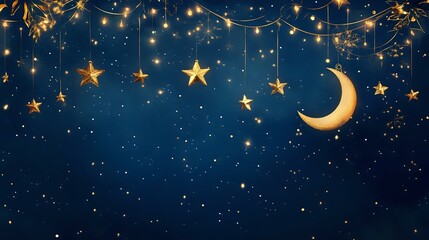 Fototapeta premium Magical Christmas and New Year banner with glowing stars, moonlight and festive wishes on a deep midnight blue background with golden typography