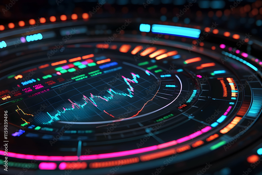 Poster stock market data display with candlestick charts and graphs
