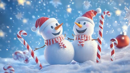 Playful Christmas and New Year banner featuring animated snowman characters and candy canes on a frosty blue background with shimmering stars