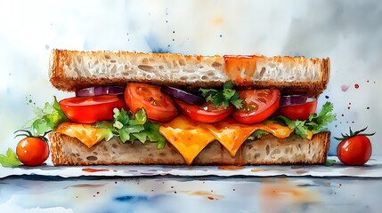 A Watercolor Painting Of A Delicious Cheese Tomato Sandwich