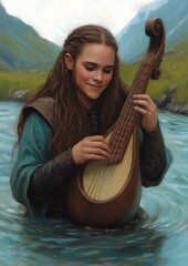 Young woman playing lute in river.