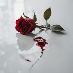 A wilted red rose lying on a smooth, white ceramic surface.