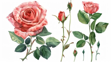 Elegant Rose Flower and Leaves Watercolor Illustration Vector Artwork