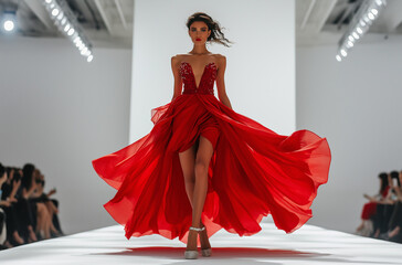 A model in a flowing red, embellished gown walks a runway. The dress is long and dramatic, with a high slit. The models hair is styled in loose waves, and her makeup is glamorous.
